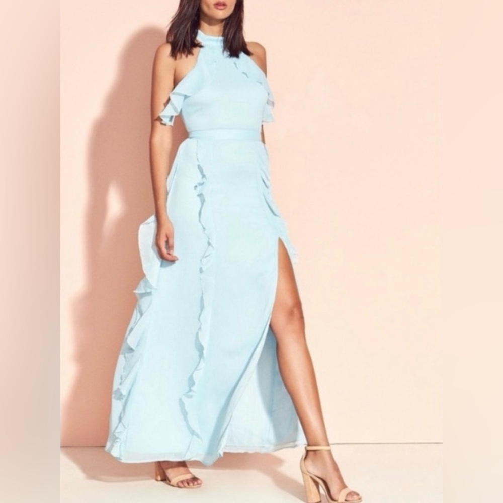 NWT Lovers + Friends Ruffle Halter Maxi Dress Baby Blue XS